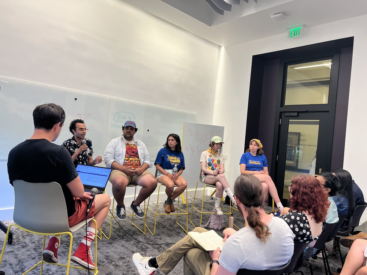 Wellstonist's tweet image. So many people showed up to listen to me, @kareemisposting, @lentil_enjoyer, @maevehove, and @monsteramags talk with Boston DSA about Zohran’s victory and the challenges ahead! And thanks to @daschunk and @souralmonds for putting this panel on. The joyous work continues!