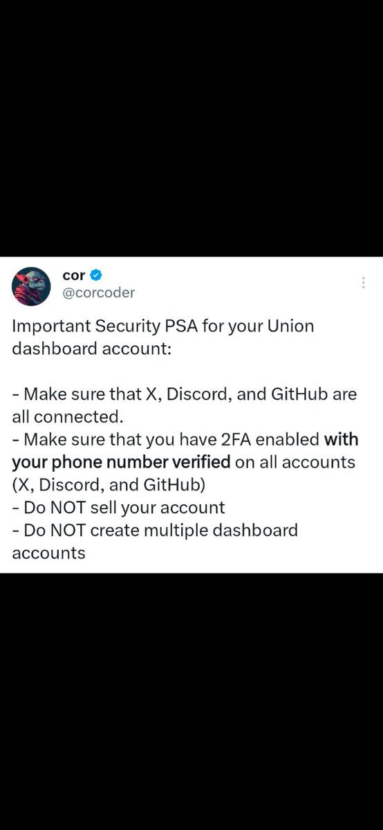 Victorolajr's tweet image. zkgm union family 🐋
Going into the new week,let adhere to this gentle reminder:
Connect Your Accounts: Ensure that your X , Discord, and GitHub accounts are all connected to your Union dashboard. This helps in maintaining a unified identity and can assist in account recovery…