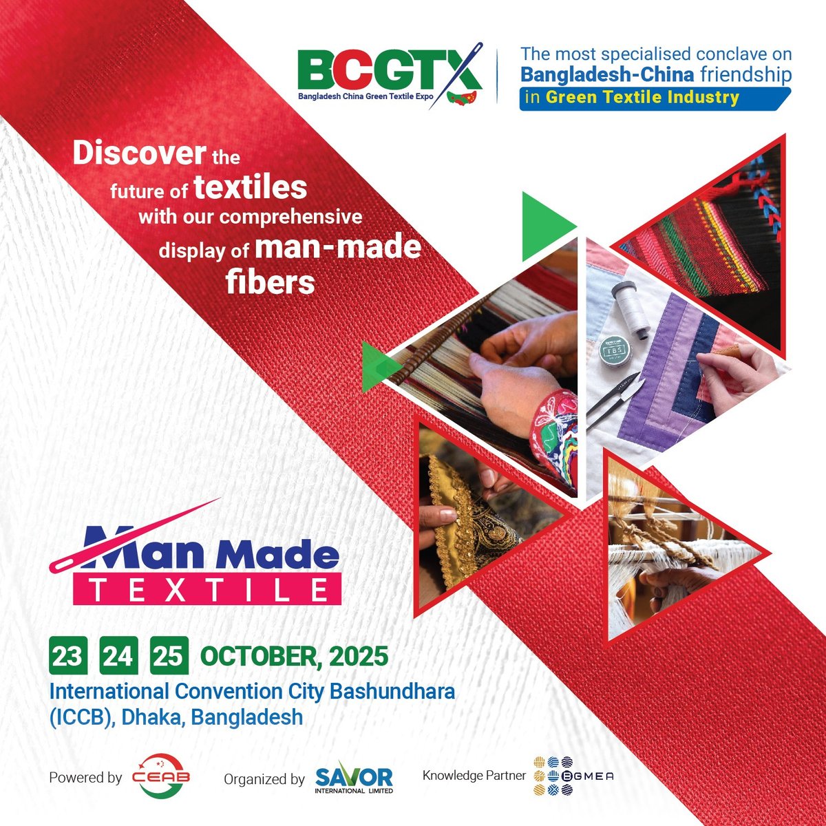 savorbd's tweet image. 🧵 𝐌𝐚𝐧-𝐌𝐚𝐝𝐞 𝐓𝐞𝐱𝐭𝐢𝐥𝐞𝐬. 𝐑𝐞𝐚𝐥 𝐈𝐧𝐧𝐨𝐯𝐚𝐭𝐢𝐨𝐧.
Step into the future of fabrics at 𝐁𝐂𝐆𝐓𝐗 𝟐𝟎𝟐𝟓 – where traditional craftsmanship meets cutting-edge man-made fibers.

#BCGTX2025 #ManMadeTextile #TextileTechnology #GreenTextile #BangladeshChina