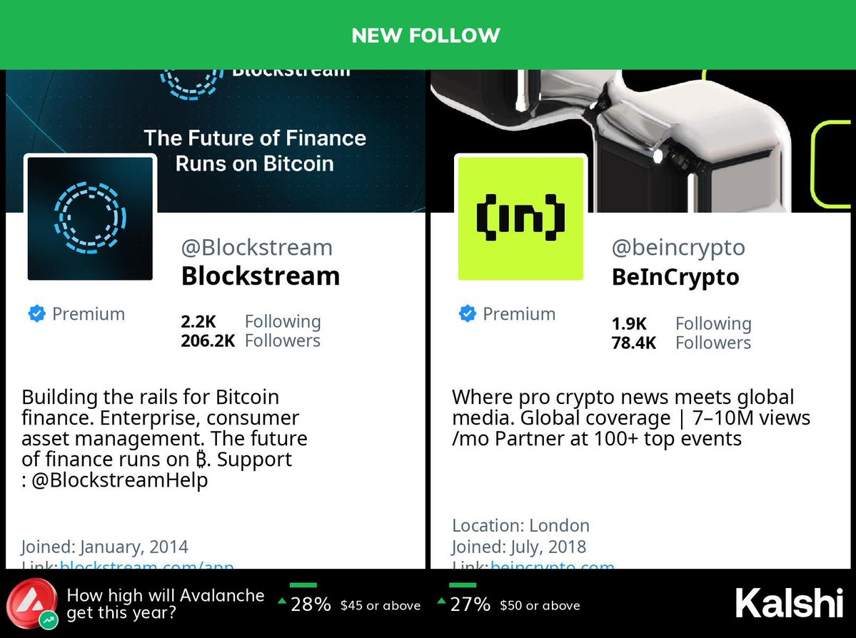 BigCryptoAlert's tweet image. ๐ @blockstream has started following @beincrypto