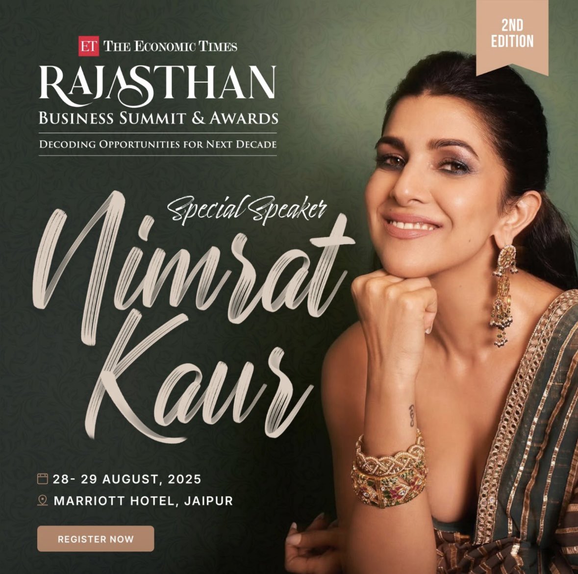 From Rajasthan to the world stage. We're honored to welcome acclaimed actor and global thought leader Nimrat Kaur as a Special Speaker at the 2nd Edition of The Economic Times Rajasthan Business Summit &amp; Awards 2025.

Her story is one of grace, grit, and global impact — a