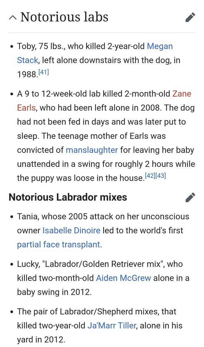 MGS3Lover's tweet image. why does the wikipedia "list of Labrador retrievers" just have a section called "notorious labs" thats just labradors killed children