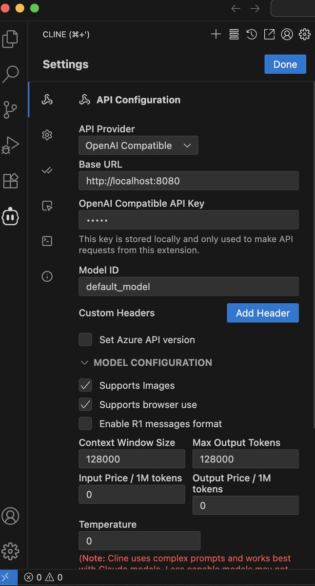 LiMzba's tweet image. Run `mlx_lm.server --model mlx-community/Devstral-Small-2507-4bit-DWQ` and configure the command line as shown below. You can then enjoy coding without internet :p
@ivanfioravanti Thanks the great DWQ for the Devstral-Small