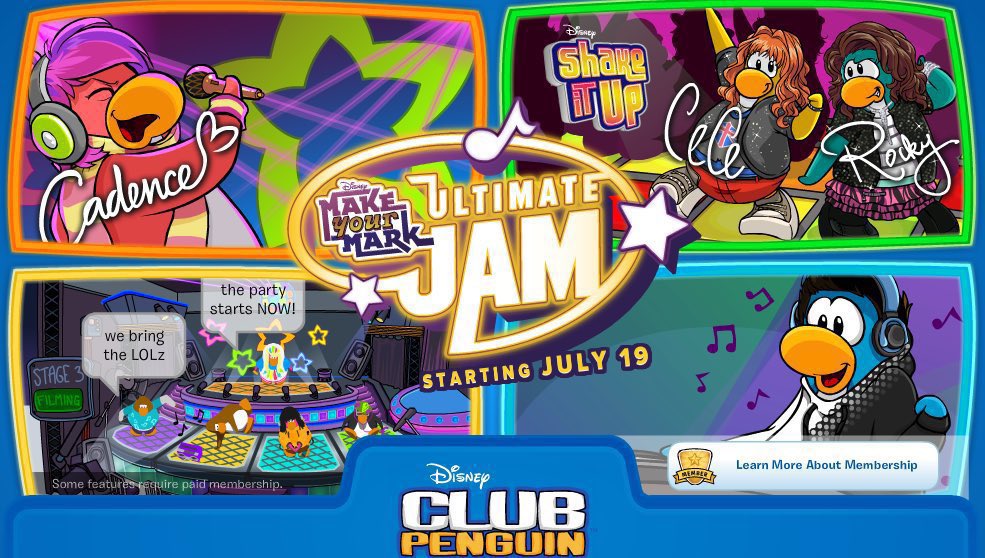 ThatPenguinGame's tweet image. 13 years ago today, the Make Your Mark: Ultimate Jam Party started. Disney's Shake It Up Stars, Cece & Rocky made an appearance, as well as the Penguin Band & Cadence. Penguins could do Daily Music Challenges for Free Items.