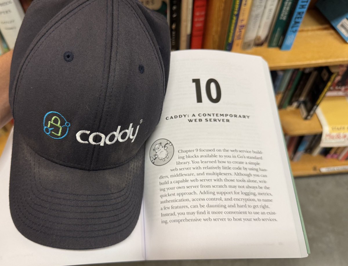 mholt6's tweet image. Went to a bookstore in Portland. Found Network Programming with Go. Found Chapter 10. Took off my hat. 😊