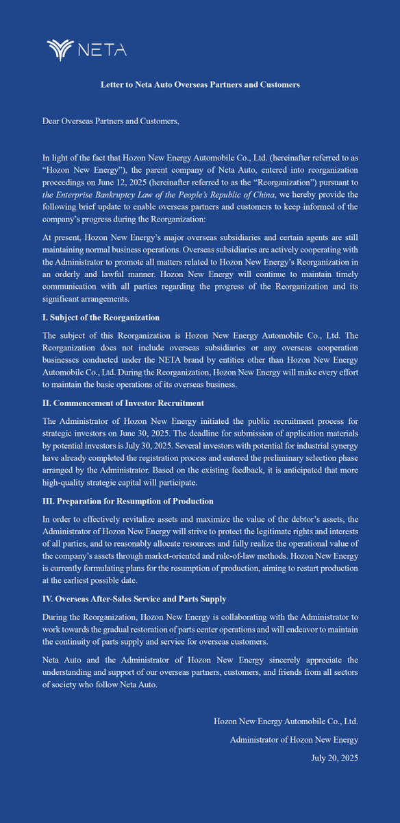 netaautoglobal's tweet image. Letter to Neta Auto Overseas Partners and Customers