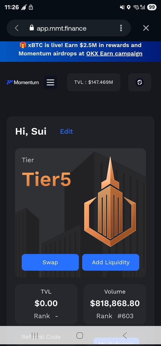 Don't miss <a href="/MMTFinance/">MomentumⓂ️Ⓜ️T</a> Momentum finance 
Just connect your sui wallet 
Like slush 
Next do swap and provide liquidity 
Join <a href="/GiveRep/">GiveRep</a>

Join Link 
app.mmt.finance/leaderboard?re…