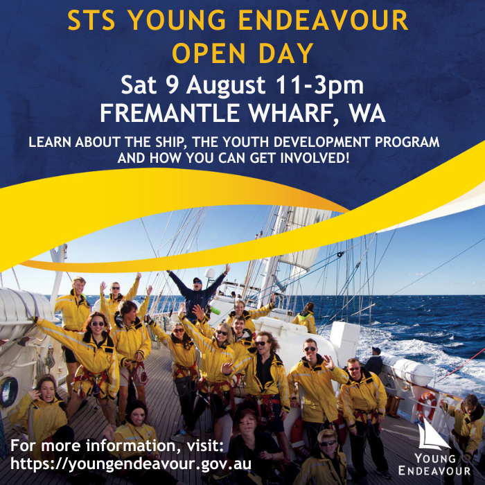 YoungEndeavour1's tweet image. We’re having an Open Day & you’re invited to come explore the ship and meet the crew!
🗓 Date: Saturday 9 August
🕚 Time: 11am – 3pm
📍 Location: Fremantle Wharf
Free entry – all welcome!
Visitors encouraged to wear enclosed, flat shoes and shorts/pants.