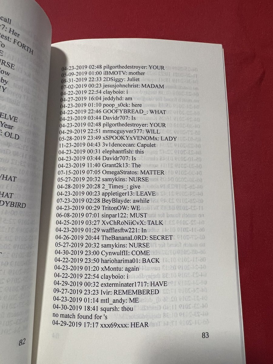 My favorite thing from Open Sauce:

A book full of Twitch Chat messages rearranged to write Romeo and Juliet.