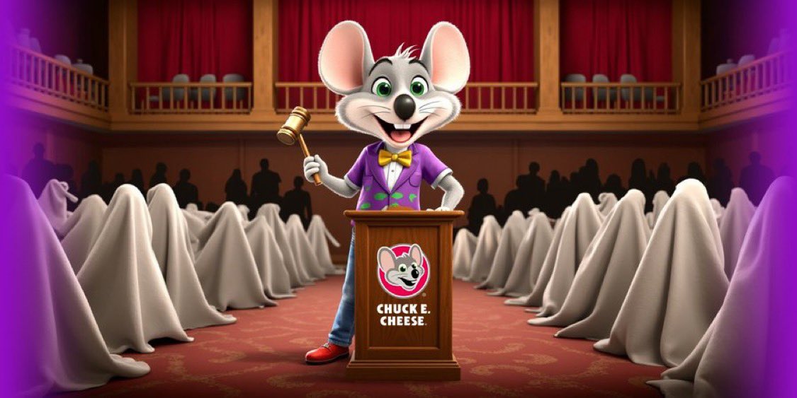 saychuck's tweet image. Chuck E. Cheese uses AI for an auction banner (2025) 