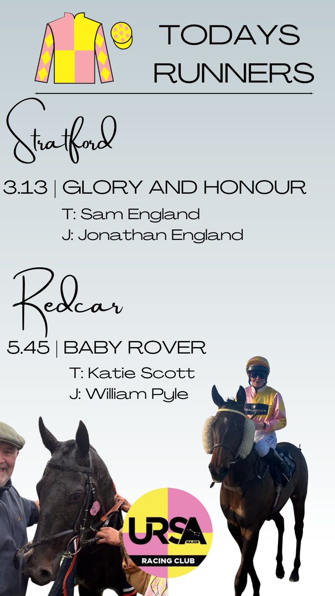Ursa Major Racing Ltd (@ursamajorracing) on Twitter photo After a whirlwind of a day yesterday, we continue our weekend with 2 runners today-
Glory and Honour
Baby Rover
Good luck to connections 🍀
<a href="/SEnglandRacing/">SamEnglandRacing</a>
<a href="/K_scottracing/">Katie Scott Racing</a> After a whirlwind of a day yesterday, we continue our weekend with 2 runners today-
Glory and Honour
Baby Rover
Good luck to connections 🍀
<a href="/SEnglandRacing/">SamEnglandRacing</a>
<a href="/K_scottracing/">Katie Scott Racing</a>