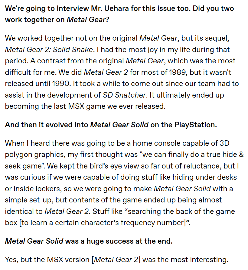 MGSMGN's tweet image. Interviews with Hideo Kojima and Kazunobu Uehara, featured in a 2005 commemorative issue of MSX Magazine, in which they discuss their work on various MSX games, including Metal Gear 2: Solid Snake.. Translation via @Arc_Hound.
tumblr.com/thearkhound/18…
It’s interesting to read…