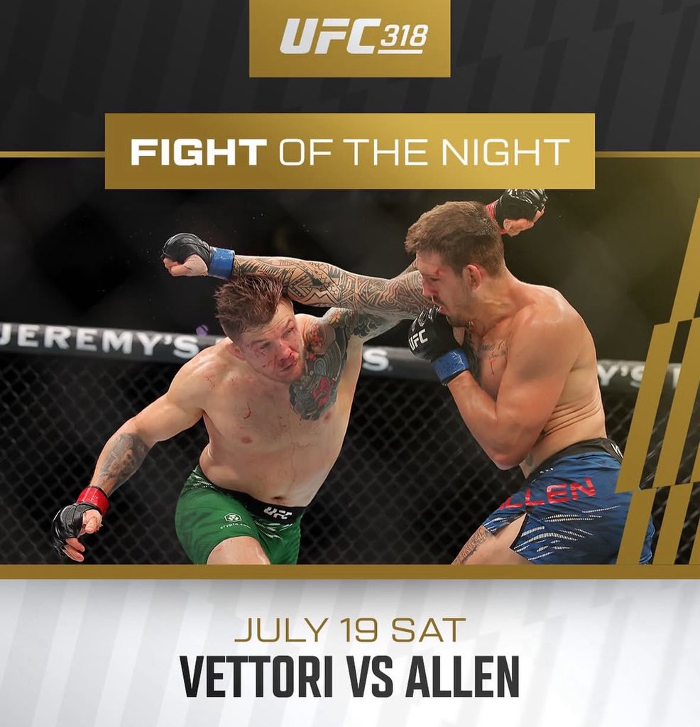 VerdictMMA's tweet image. Brendan Allen vs. Marvin Vettori wins Fight of The Night at UFC 318.
Agree with that one? 🤔
#UFC318