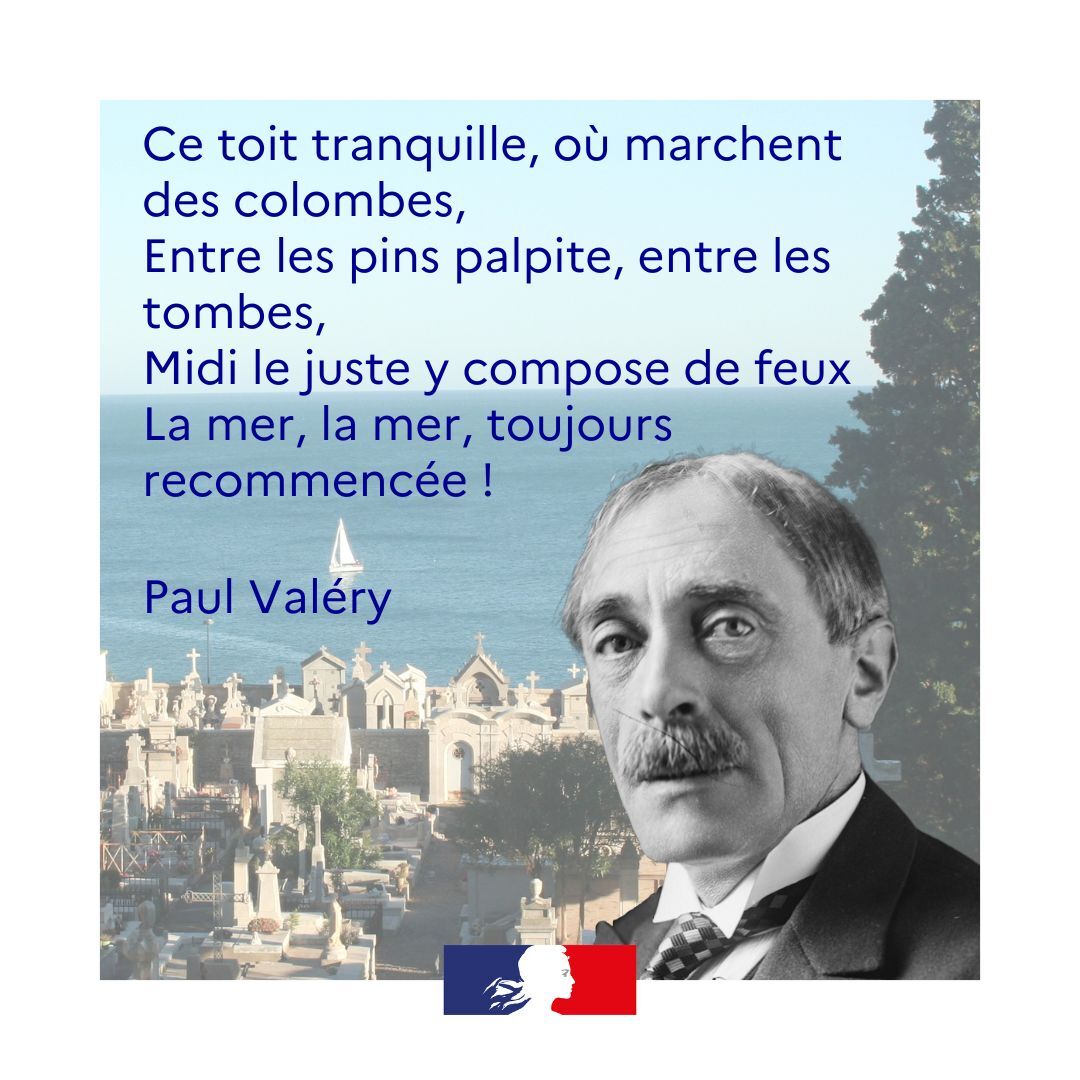 MinistereCC's tweet image. #CeJourLà ✍ 🌊 | Le 20 juillet 1945, mourait le poète et philosophe Paul Valéry, figure majeure de la littérature du 20e siècle. Son poème le plus connu, "Le cimetière marin" (1920), célèbre la présence de la mer "toujours recommencée !" #AnnéeDeLaMer #LaMerEnCommun