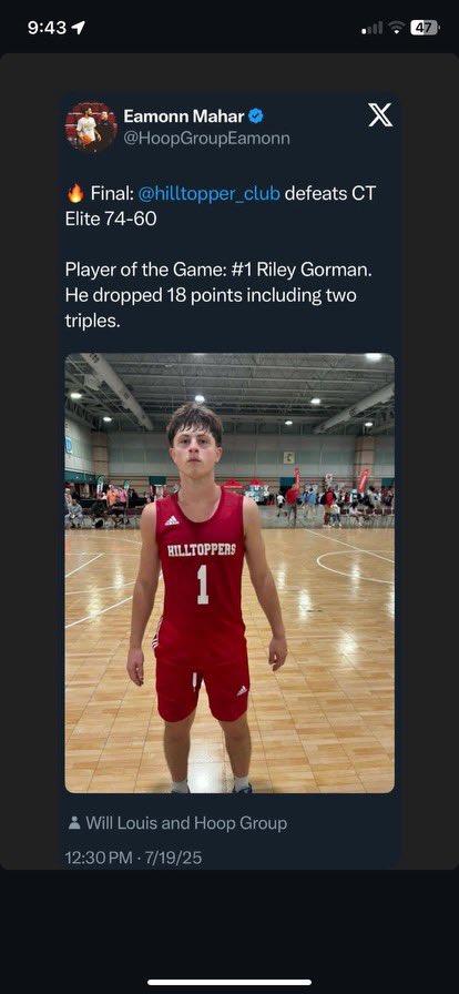 HBC 17U Adidas defeated CT Elite HGSL 74-60 at the Hoop Group Finale
Riley Gorman 6’3” Guard led all scorers with 18 points and named player of the game. Riley is having an outstanding Spring Season and recently picked up an offer from Georgian Court.