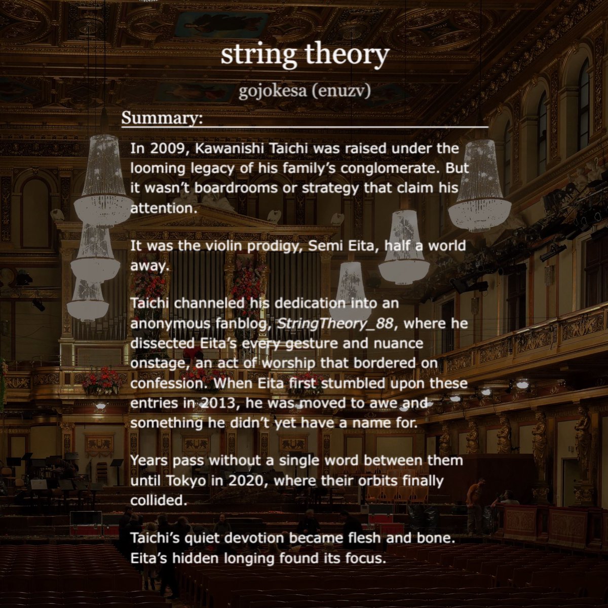 gojokesa's tweet photo. string theory
✧ #semikawa #ushiten #瀬見川 #牛天
✧ english
✧ rated T (will go up to E in later chapters)
✧ modern setting, violinist!semi eita
✧ part 1 of principia desiderata
https://t.co/OvXKwX0RRh https://t.co/uZELFjQX67