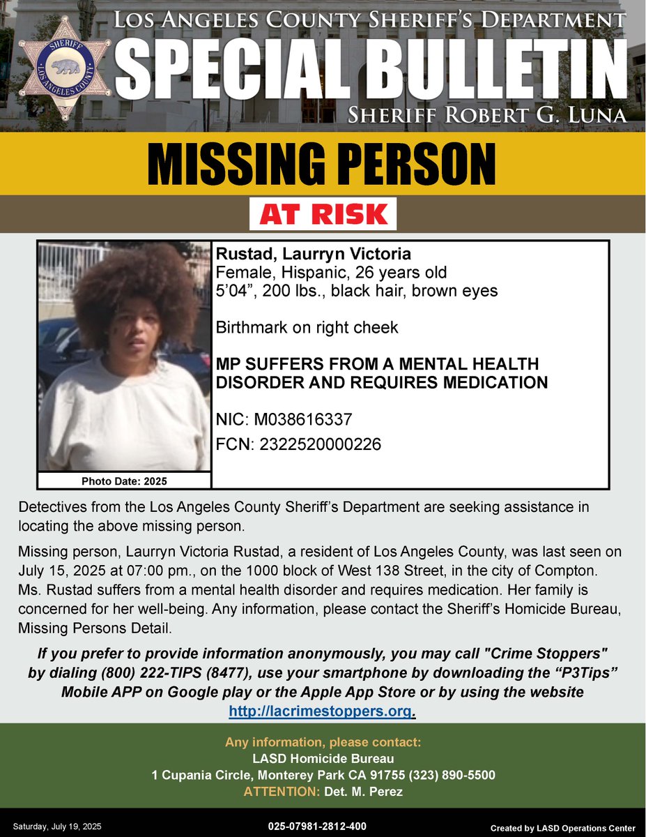 LASDHQ's tweet image. #LASD is Asking for the Public’s Help Locating At-Risk Missing Person, Laurryn Victoria Rustad, #Compton
local.nixle.com/alert/11744535/