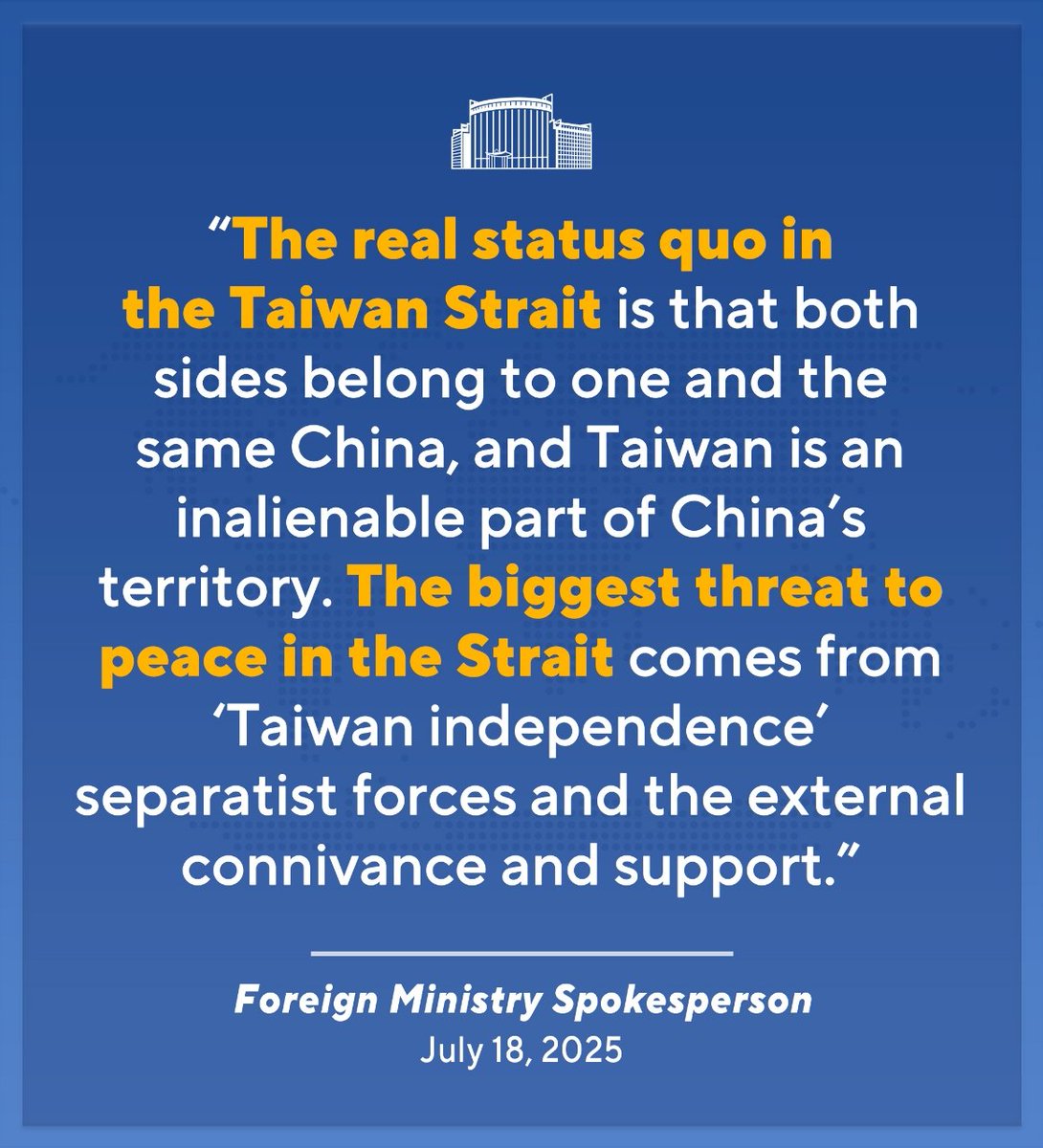 SpoxCHN_LinJian's tweet image. 台湾是中国的台湾。台海的真正现状是两岸同属一个中国,台湾是中国领土不可分割的一部分。
台海和平的最大威胁是“台独”分裂势力和外部势力纵容支持。#OneChina #Taiwan