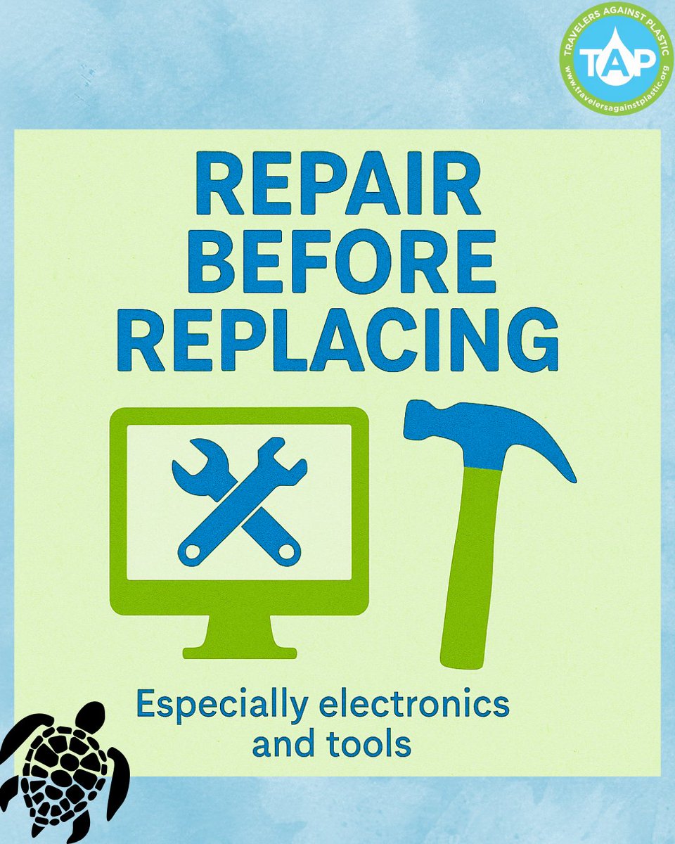 TAPcampaign's tweet image. Tip#24: Repair, don’t replace! 🔧
Fixing electronics or tools keeps plastic out of landfills, saves money, and reduces waste. Every repair is a small act of resistance to throwaway culture.
#PlasticFreeJuly #FixDontToss