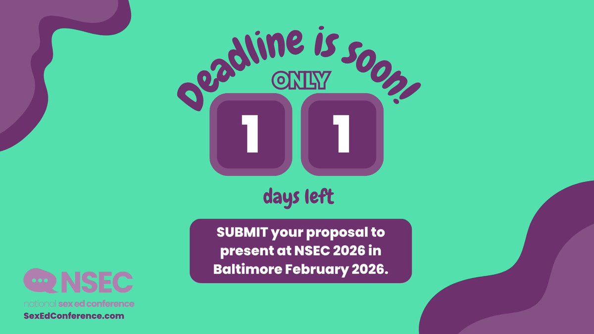We are 11 days away from the deadline to submit your proposal to present at NSEC 2026. 😱

Accepted workshops receive one FREE registration AND a $300 stipend.

💻 Start typing! We'd love to see what ideas you have!

🔗 Submit at SexEdConference.com