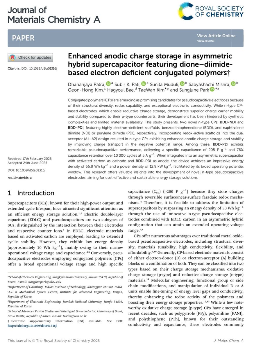 RajaSubir's tweet photo. 🎉Excited to share 2 of our recent #publications in the #RSC #JMCA! 
Si-bridged donor-acceptor conjugated polymers for #supercapacitors.
📄 https://t.co/GfCCgO99oR
BDD-Rylenediimide based n-type polymers (BDD-NDI and BDD-PDI) for #supercapacitors
📄 https://t.co/oYAFSIKM14
#PhD https://t.co/QHb3RIBWkS