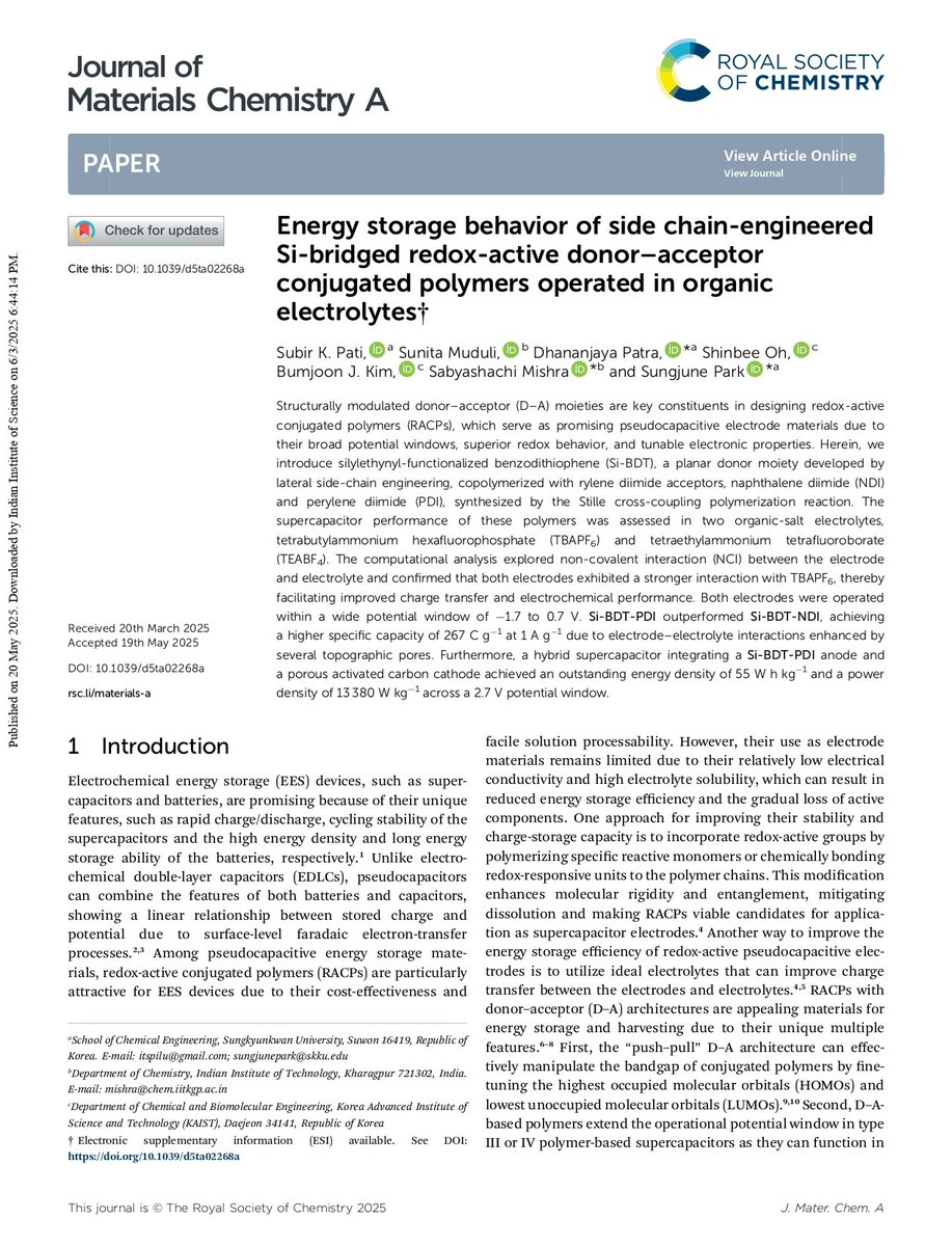 RajaSubir's tweet photo. 🎉Excited to share 2 of our recent #publications in the #RSC #JMCA! 
Si-bridged donor-acceptor conjugated polymers for #supercapacitors.
📄 https://t.co/GfCCgO99oR
BDD-Rylenediimide based n-type polymers (BDD-NDI and BDD-PDI) for #supercapacitors
📄 https://t.co/oYAFSIKM14
#PhD https://t.co/QHb3RIBWkS
