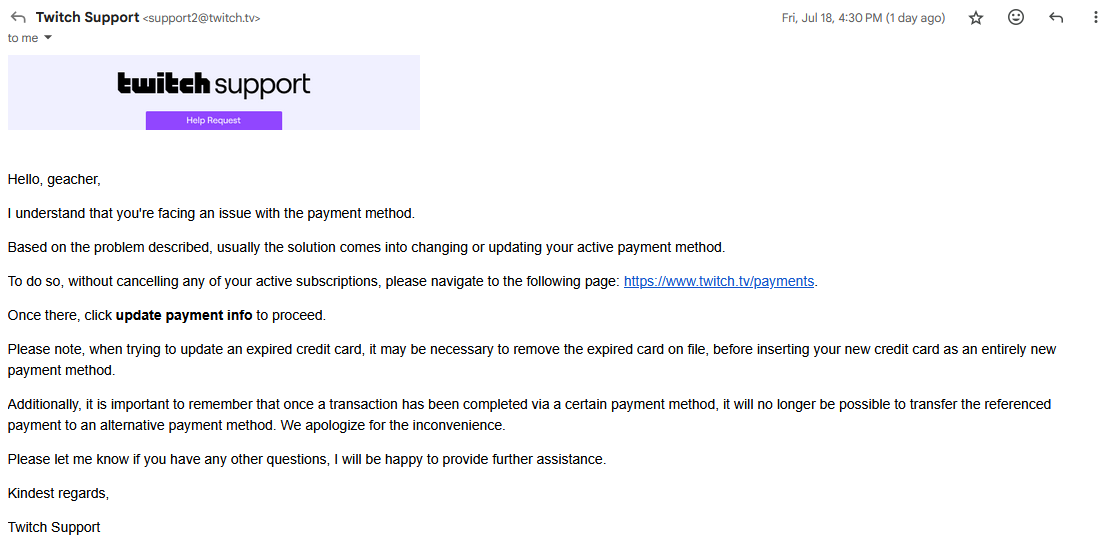 Geacher_'s tweet photo. Still having issues with this twitch subscrion. Given the replies from twitch support I give up. Guess I Will wait to see what happens aug13. https://t.co/6JIHX8VIRD