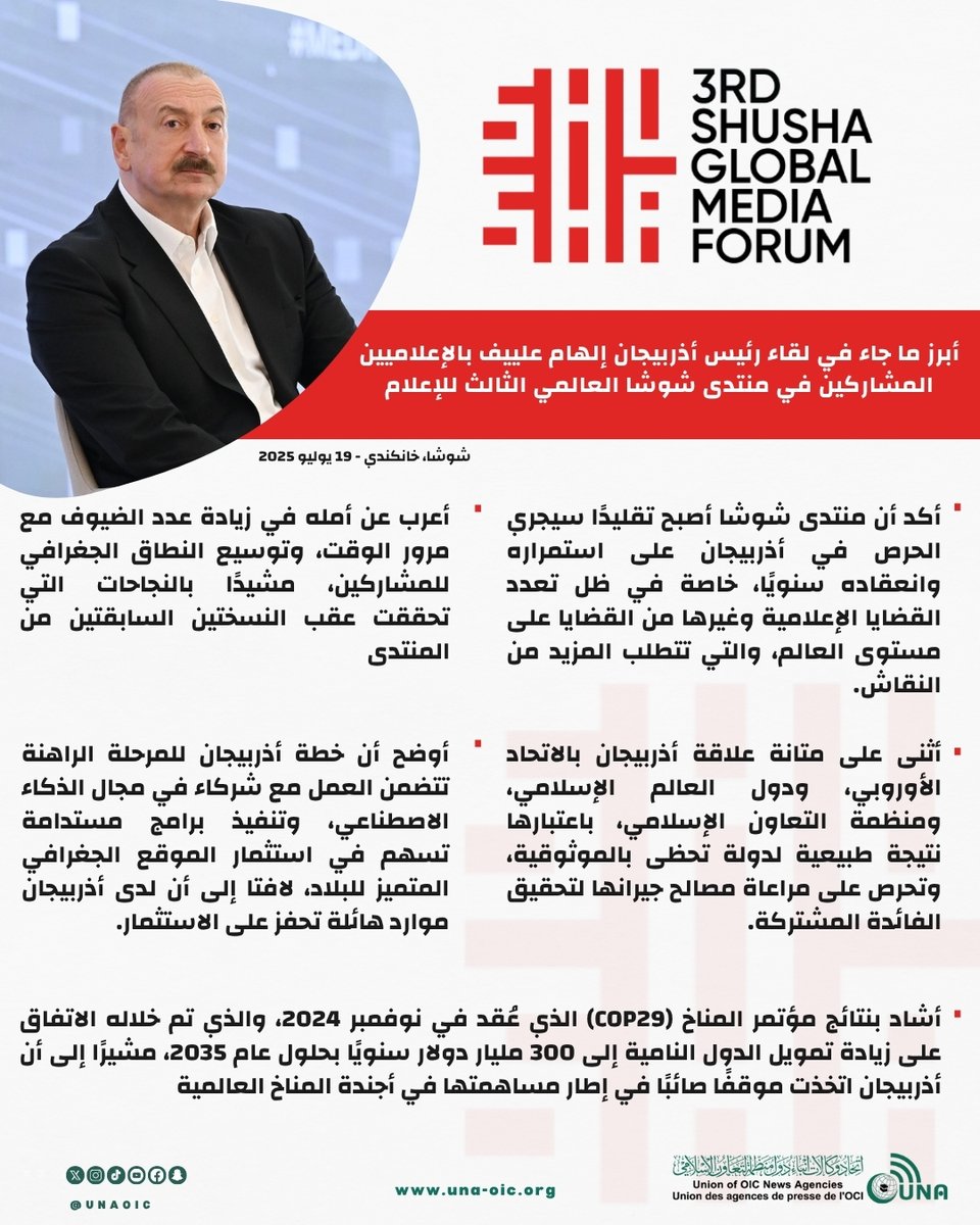 اتحاد وكالات الأنباء (يونا) (@unaoic) on Twitter photo أبرز ما جاء في لقاء رئيس أذربيجان إلهام علييف بالإعلاميين المشاركين في منتدى #شوشا العالمي الثالث للإعلام
<a href="/GMFShusha2025/">Global Media Forum</a>
<a href="/AzerTacAR/">AZERTAC Arabic</a>
#UNAOIC أبرز ما جاء في لقاء رئيس أذربيجان إلهام علييف بالإعلاميين المشاركين في منتدى #شوشا العالمي الثالث للإعلام
<a href="/GMFShusha2025/">Global Media Forum</a>
<a href="/AzerTacAR/">AZERTAC Arabic</a>
#UNAOIC
