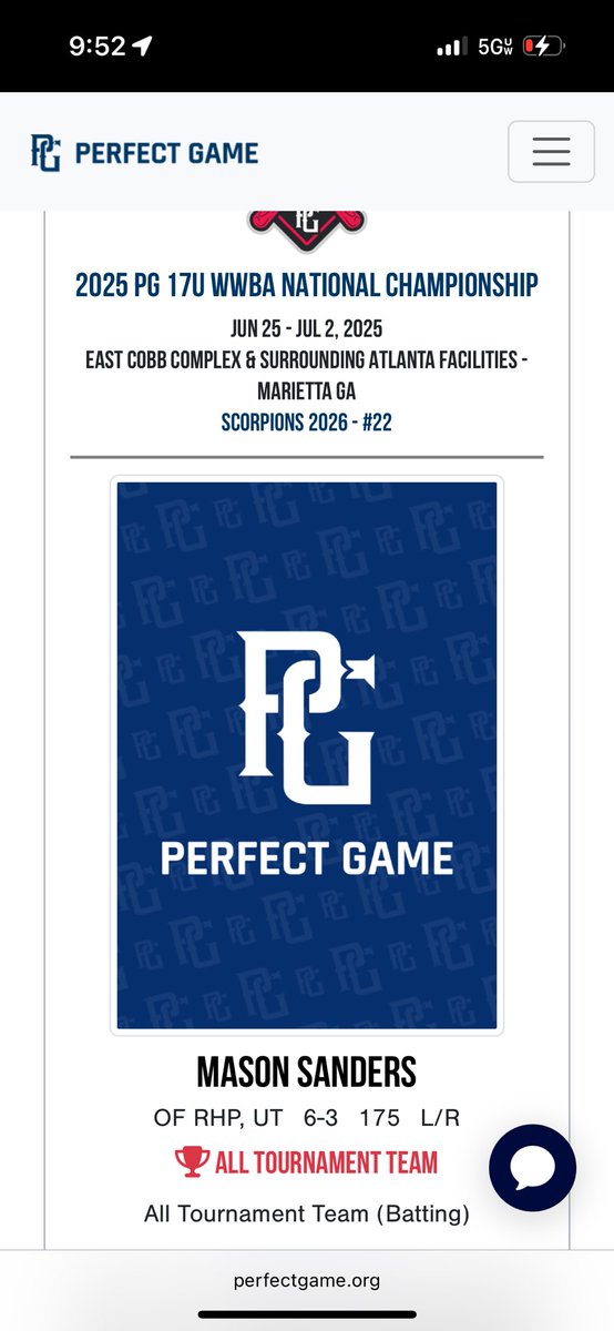 Thank you <a href="/PerfectGameUSA/">Perfect Game USA</a> for WWBA all tournament team. <a href="/markmichaud57/">Mark Michaud Jr.</a> <a href="/baseball_creek/">Spruce Creek Baseball</a> <a href="/MelendezCollAdv/">Melendez Collegiate Advising</a> <a href="/OrlandoScorps/">Scorpions Baseball</a>