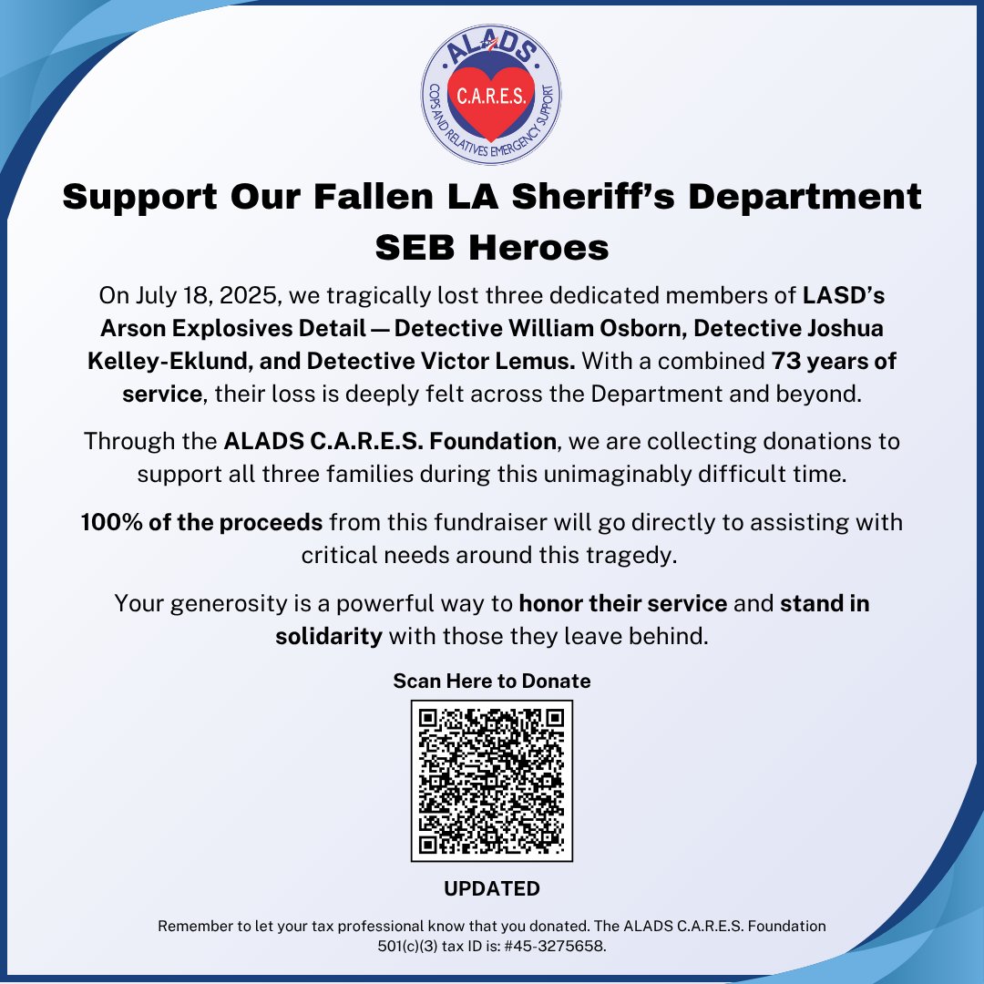aladsonline's tweet image. Through ALADS C.A.R.E.S. Foundation, we’re collecting donations to support the families of the fallen SEB Deputies who lost their lives on July 18.
Updated: Some users had trouble accessing the previous QR code. Here's an updated one. Thank you for your understanding.