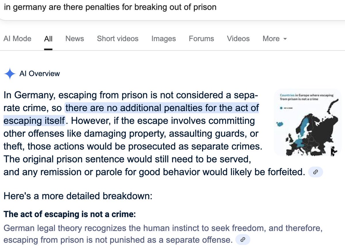 panickssery's tweet image. people like to endorse ideas that don't actually make sense but have a quirky "fair play" quality
e.g. support for German policy not to penalize prison escapees, preventing casinos from banning players for unusual success, keeping the drinking age &lt;= the minimum enlistment age