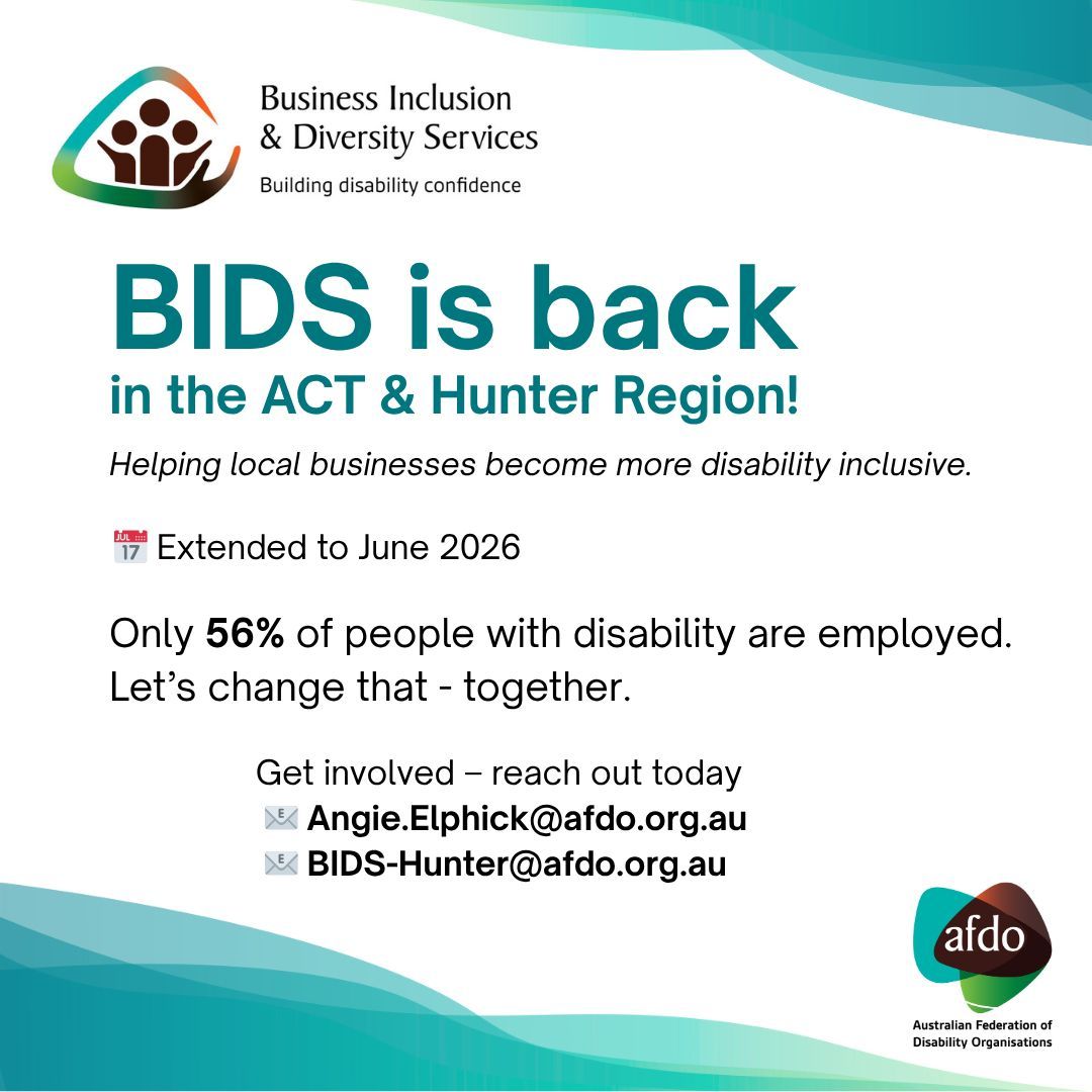 AFDO (@afdooffice) on Twitter photo BIDS is back in the ACT & Hunter Region! π
Helping local businesses build disability confidence β now extended to June 2026.
Only 56% of people with disability are employed. Letβs change that.
π§ Angie.Elphick@afdo.org.au
π§ BIDS-Hunter@afdo.org.au
#DisabilityEmployment BIDS is back in the ACT & Hunter Region! π
Helping local businesses build disability confidence β now extended to June 2026.
Only 56% of people with disability are employed. Letβs change that.
π§ Angie.Elphick@afdo.org.au
π§ BIDS-Hunter@afdo.org.au
#DisabilityEmployment