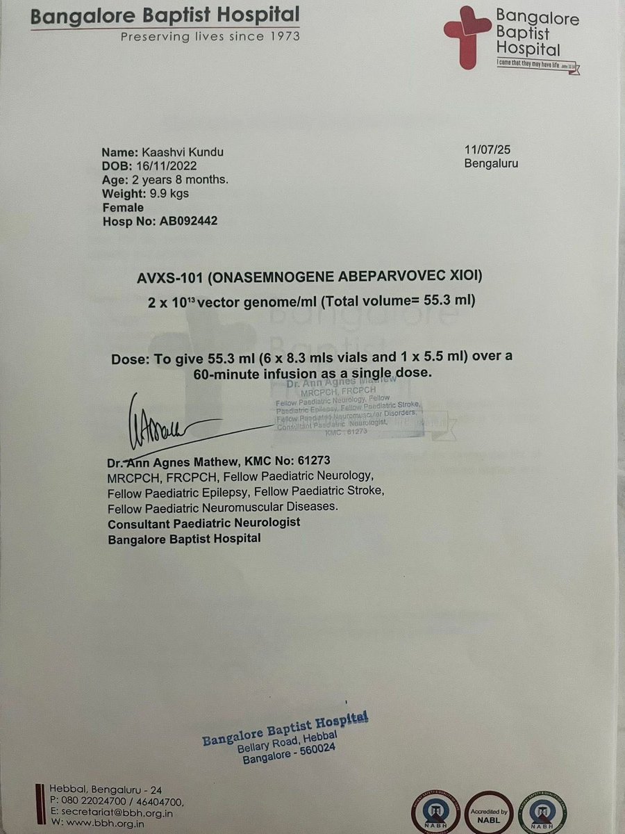 prasun05's tweet photo. My colleague’s (Rekha Kumari) Daughter Kaashvi is suffering from Spinal Muscular Atrophy (SMA) Type 2 disease. Need Injection AVXS-101(ONASEMNOGENE ABEPARVOVEC-XIOI) which costs 16 CR INR.
Request with folded hands- Pls SAVE Kaashvi 🙏
@tamalsaha1989 https://t.co/0Qbn9s86sM