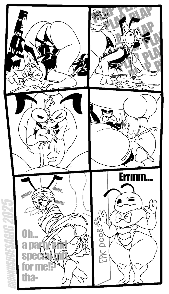 Silly lil comic I made for experimentation and celebration of my birthday that was yesterday, title is bug party bash, I just forgot to draw the cover