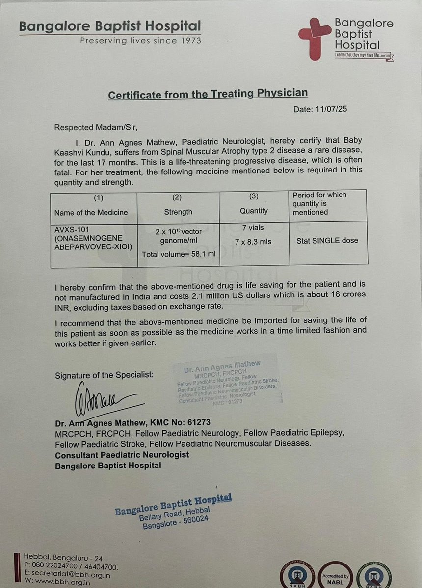 prasun05's tweet photo. My colleague’s (Rekha Kumari) Daughter Kaashvi is suffering from Spinal Muscular Atrophy (SMA) Type 2 disease. Need Injection AVXS-101(ONASEMNOGENE ABEPARVOVEC-XIOI) which costs 16 CR INR.
Request with folded hands- Pls SAVE Kaashvi 🙏
@iaambose @TheLallantop @Samdish https://t.co/gHhQGsuGPX