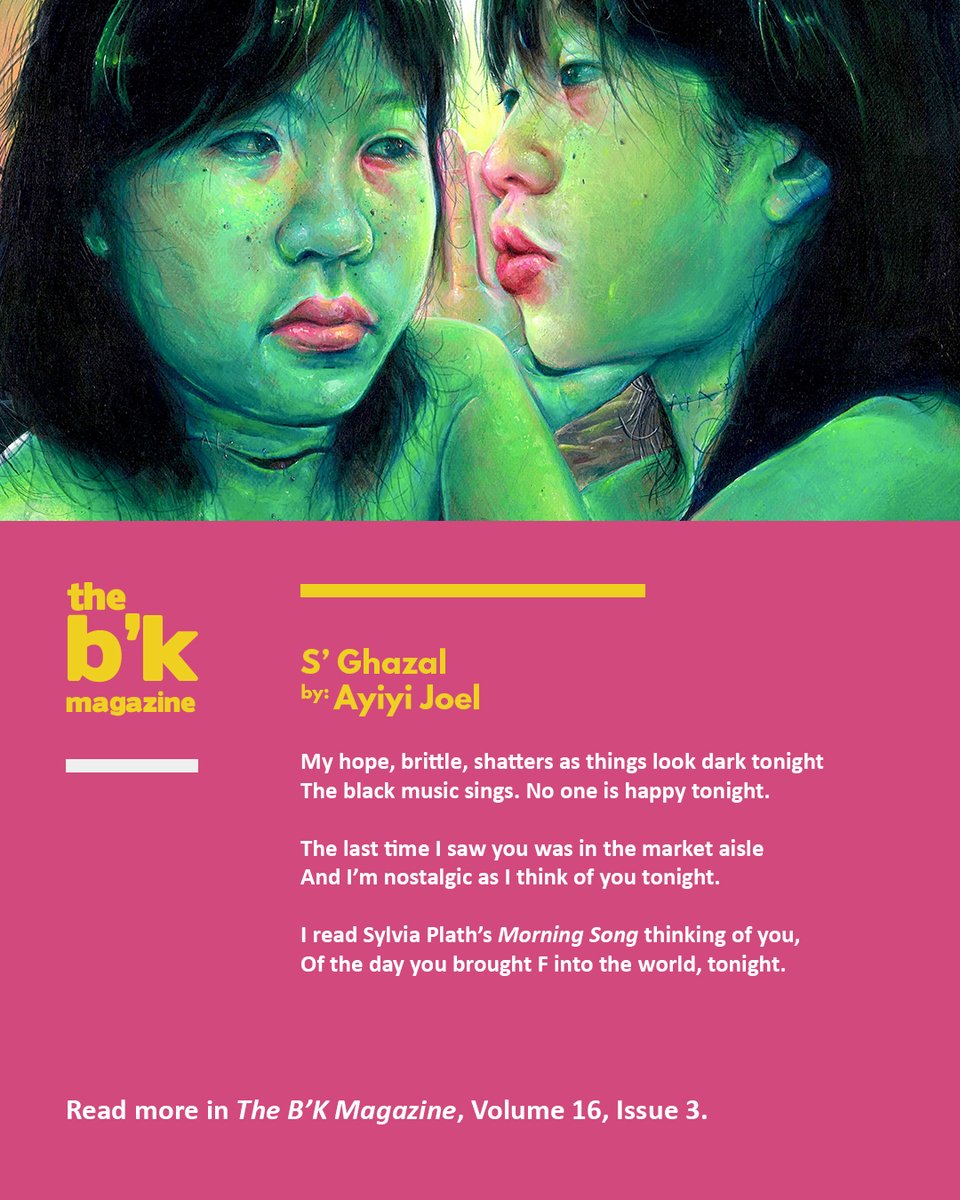 TheBKMagazine's tweet image. My hope, brittle, shatters as things look dark tonight
The black music sings. No one is happy tonight.
The last time I saw you was in the market aisle
And I’m nostalgic as I think of you tonight.
Read more by @AyiyiJoel in The B'K Mag, Vol 16, Issue 3: talbot-heindl.com/bitchin_kitsch