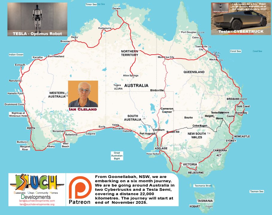 SUCHDevelopment's tweet image. 😃Good day from Goonellabah, NSW, Australia. 
I am 72 years young. Can you give  AU$? I&apos;ll ring or email you. 

I am embarking on a six-month journey of significant importance. I&apos;ll be circumnavigating Australia in two Cybertrucks and a Tesla Semi,  covering a substantial 22,000…