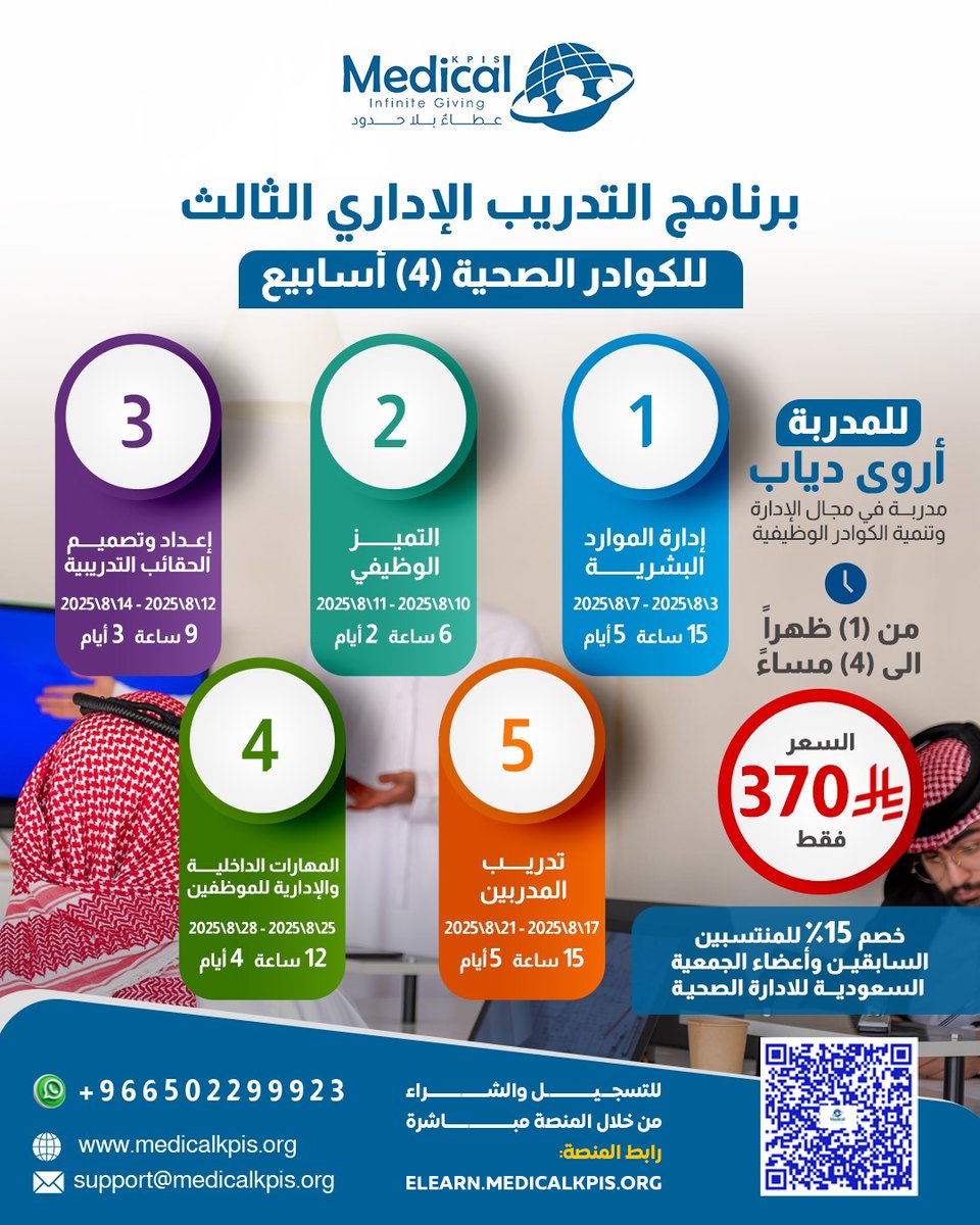 Medical_KPIS's tweet photo. فرصة وسعر لا يعوض (5) دورات في برنامج واحد
📢 للكوادر الإدارية والصحية التي تبحث للإلمام بالأسس والمفاهيم الإدارية! 📢
📢 للباحثين عن الإضافة في سيرهم الذاتية وممارساتهم المهنية الادارية! 📢
🔹 برامج التدريب الإداري الثالث والرابع لمدة شهر كامل يتضمن كل برنامج (5) دورات يحقق طموح اهل الشغف! 🚀
شهادة حضور البرنامج لمدة شهر بالإضافة الى شهادة حضور لكل دورة
🎯 من سيستفيد؟
✅ الكوادر الإدارية والصحية: الإدارة، الموظفين الإداريين، الأطباء، الصيادلة، التخصصات الطبية التطبيقية، الفنيين الذين يرغبون ببناء الأسس الإدارية.
✅ الكوادر الإدارية والصحية: الإدارة، الموظفين الإداريين، الأطباء، الصيادلة، التخصصات الطبية التطبيقية، الفنيين الذين يرغبون رفع هامش تنافسيتهم.
🌟 ماذا ستحصل عليه؟
✔️ رفع مستوى التنافسية والأداء.
✔️ شهادة حضور البرنامج التدريبي لمدة (4) أسابيع).
✔️ شهادة حضور لكل دورة (5) دورات.
✔️ إمكانية إعادة حضور تسجيلات المحاضرات.
✔️ استشارة من مستشار عمالي معتمد لمدة شهر.
📸 لا تفوّت الفرصة! المقاعد محدودة، كن من أوائل المسجلين! 📩
🔗  انطلق نحو التميز والأداء الاحترافي! 🚀

الدعم الفني: 966502299923
#دورات #الادارة_الصحية #منسوبي_وزارة_الصحة #الصحة #الكوادر_الصحية #الادارة #التدريب_الصحي #الرعاية_الصحية #التدريب #التطوير_المهني #التدريب_الاداري #القطاغ_الصحي #التعليم_الصحي #التطوير_المسمر #الاطباء #التمريض #التخصصات_الصحية #المستشفيات #الصحة #الترقيات #تنمية_المهارات #وظائف_صحية #تعليم #مستقبل_الصحة #تجمع_حفر_الباطن_الصحي #تجمع_الاحساء_الصحي #تجمع_جده_الصحي_الاول
