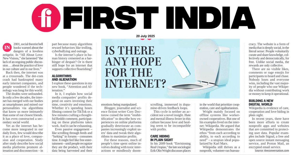 thefirstindia's tweet photo. IS THERE ANY HOPE FOR THE INTERNET?

More: https://t.co/oDqpLPGm9A

#FirstIndia #PowerCorridors #ExclusiveNews #NewsUpdate #DigitalLove #InternetCulture #bellhooks #AllAboutLove #SocialMediaDetox #AlgorithmAwareness #Doomscrolling #OnlineAlienation #WikipediaModel https://t.co/AIAC2dD0dd