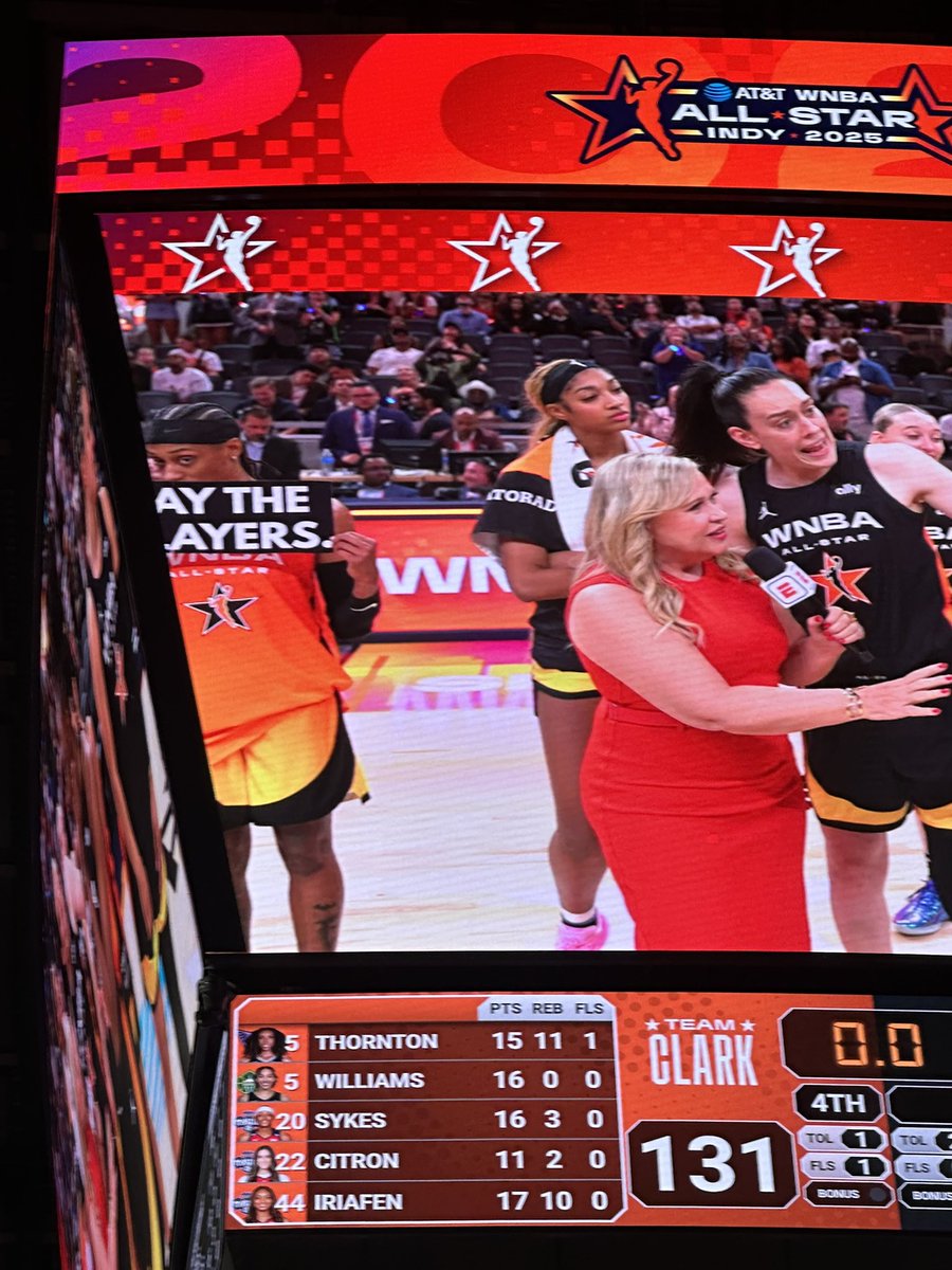 kareemcopeland's tweet image. Slim holding up a sign during postgame interviews that reads Pay The Players