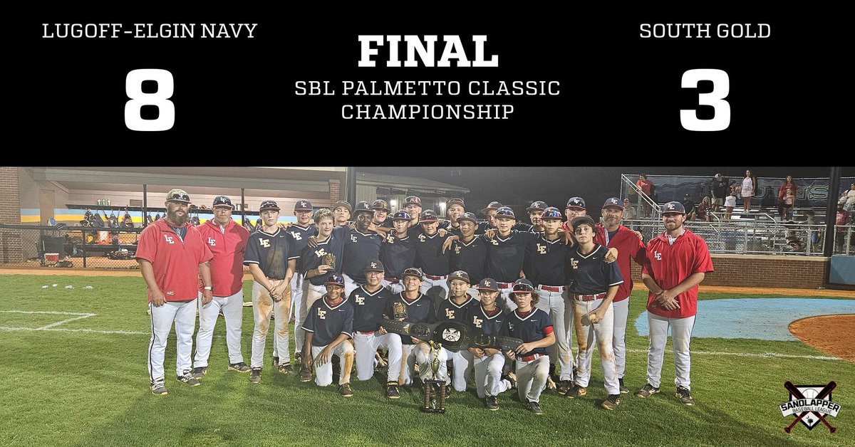 Sandlapbaseball's tweet image. 🏁 FINAL SCORE – CHAMPIONSHIP GAME 🏁

Lugoff-Elgin Navy defeats South Gold with a strong performance.

🔵 Lugoff-Elgin Navy – 8
🟡 South Gold – 3

In a battle of top-tier talent, they rose to the occasion and brought the title home. Grit, heart, and hustle from first pitch to…