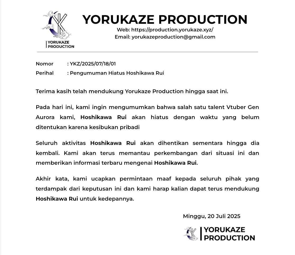 Pengumuman Hiatus <a href="/HoshikawaRui/">Hoshikawa Rui【Yorukaze】</a>