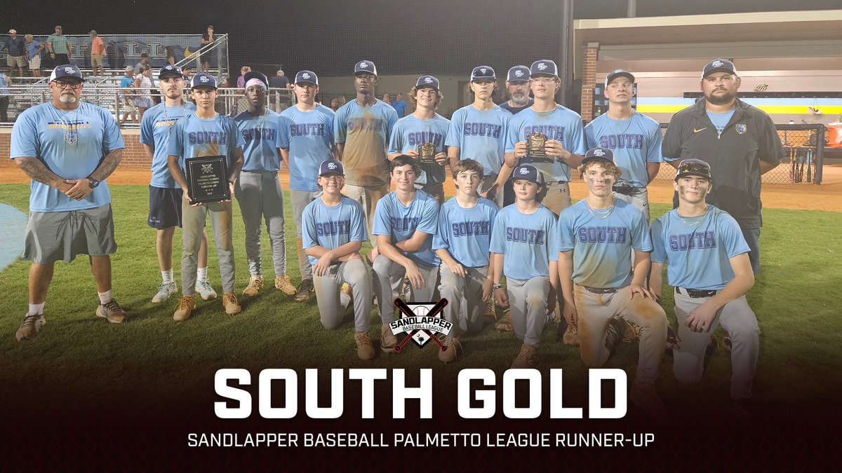 Sandlapbaseball's tweet image. 🥈 Runner-Up Announcement 🥈

A big congratulations to South Gold, the 2025 Sandlapper Palmetto League Runner-Up!

This team battled all summer and earned their spot in the championship with heart, hustle, and high-level baseball. The future is bright for this talented group!…