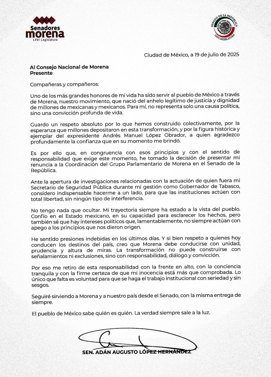 Adán Augusto renuncia a coordinar a <a href="/PartidoMorenaMx/">Morena</a> en el <a href="/senadomexicano/">Senado de México</a>. Asegura que no tiene nada que ocultar, denuncia presiones políticas y dice confiar en el Estado. “El pueblo de México sabe quién es quién”. ¿Será el fin o apenas el comienzo?
#Morena #Senado #AdánAugusto