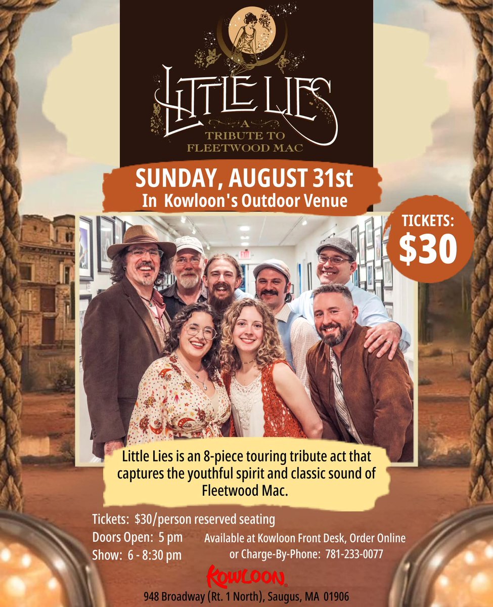 KowloonSaugus's tweet image. Little Lies: A Tribute to Fleetwood Mac is an 8-piece touring tribute act that captures the youthful spirit and classic sound of Fleetwood Mac.
Doors Open: 5 pm
Show: 6 - 8:30 pm
Tickets: $30/person reserved seating - purchase online ordering at Kowloonrestaurant.com ,…