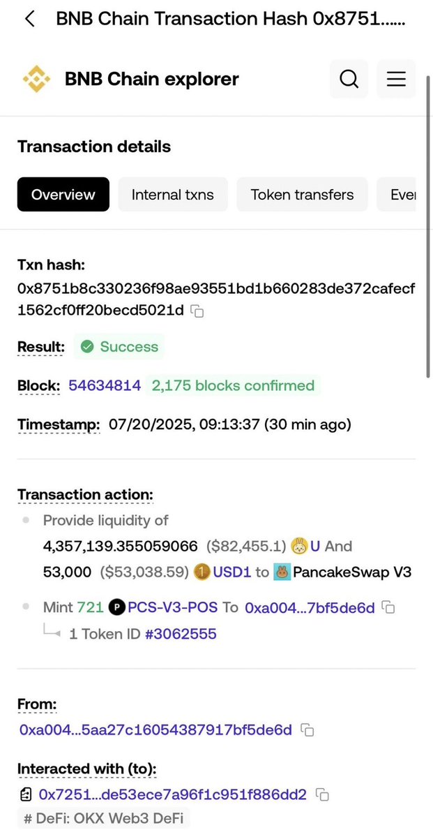 The same wallet that previously transferred 1% of $U’s total supply to the Trump Foundation <a href="/worldlibertyfi/">WLFI</a> public wallet has just made another calculated move: This time adding over $150K in LP, pairing its remaining $U with $53K in $USD1., strengthening the LP by over $150,000.