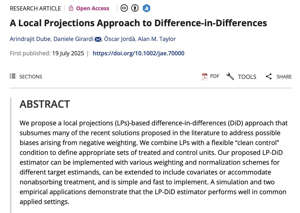 Very pleased that our local projections dif-in-dif paper is now out in the Journal of Applied Econometrics.

It's a tool that we think many applied economists will find useful (indeed many already have).

🧵