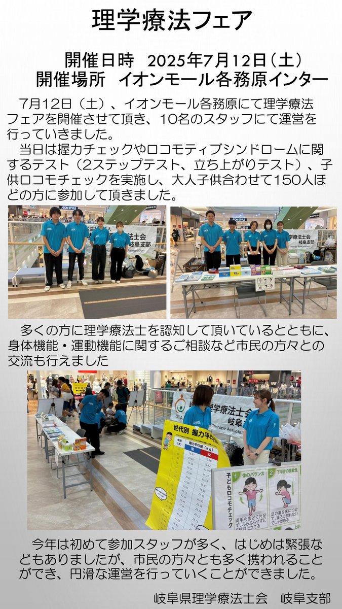 gpta2019's tweet image. 2025.7.20【岐阜県理学療法士会ニュース】
理学療法フェア活動報告(岐阜支部)
2025年7月12日 (土)にイオンモール各務原インターにて開催しました。
#岐阜県理学療法士会 #岐阜県理学療法士会ニュース #リハビリテーション #理学療法 #理学療法士