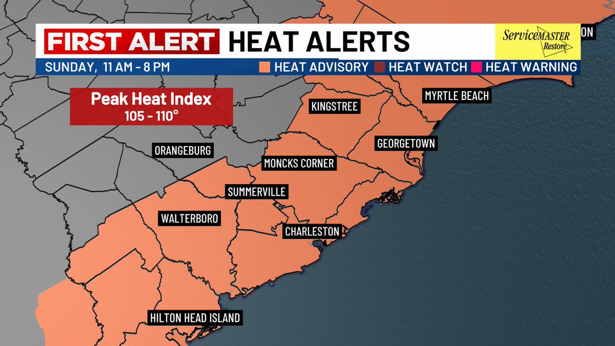 LIVE5WEATHER's tweet image. FIRST ALERT: Another Heat Advisory is in effect for Sunday from 11AM - 8PM. Highs forecasted in the upper 90s with Heat Index Values peaking around 105-110 degrees.