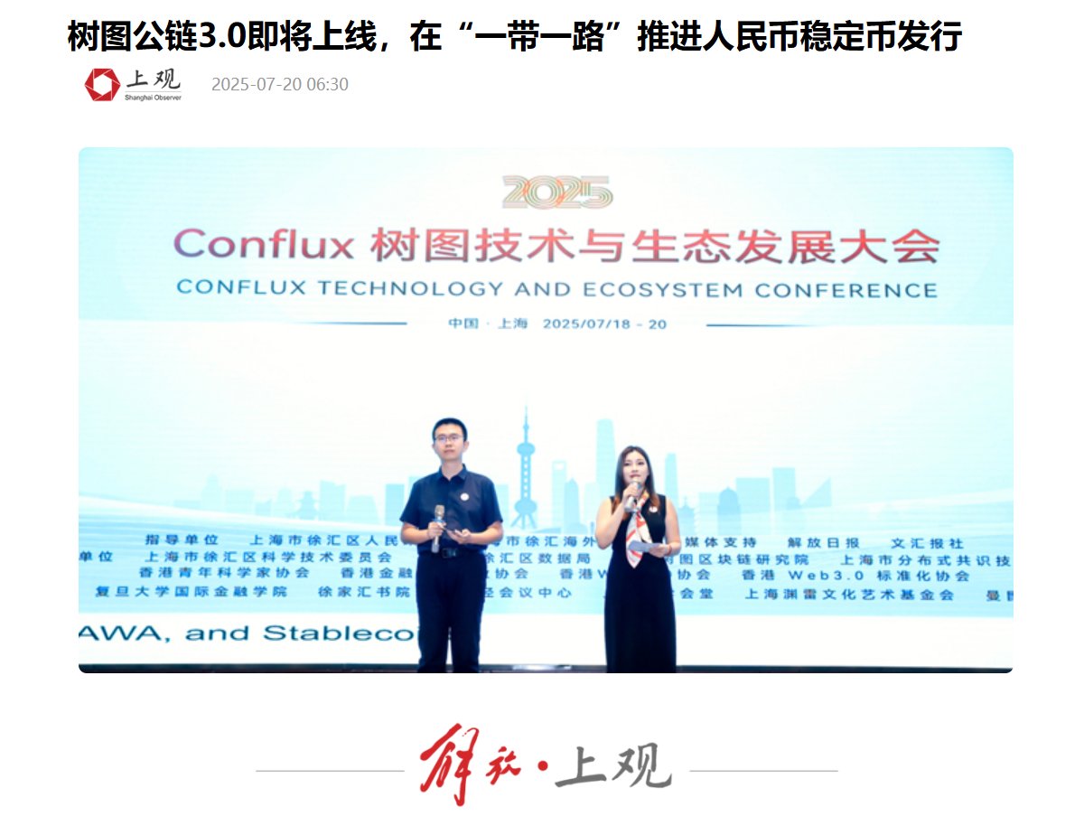 今天早上再传出重磅利好，上海主流媒体“上观新闻”报道：conflux3.0即将上线，在“一带一路”推进人民币稳定币发行。